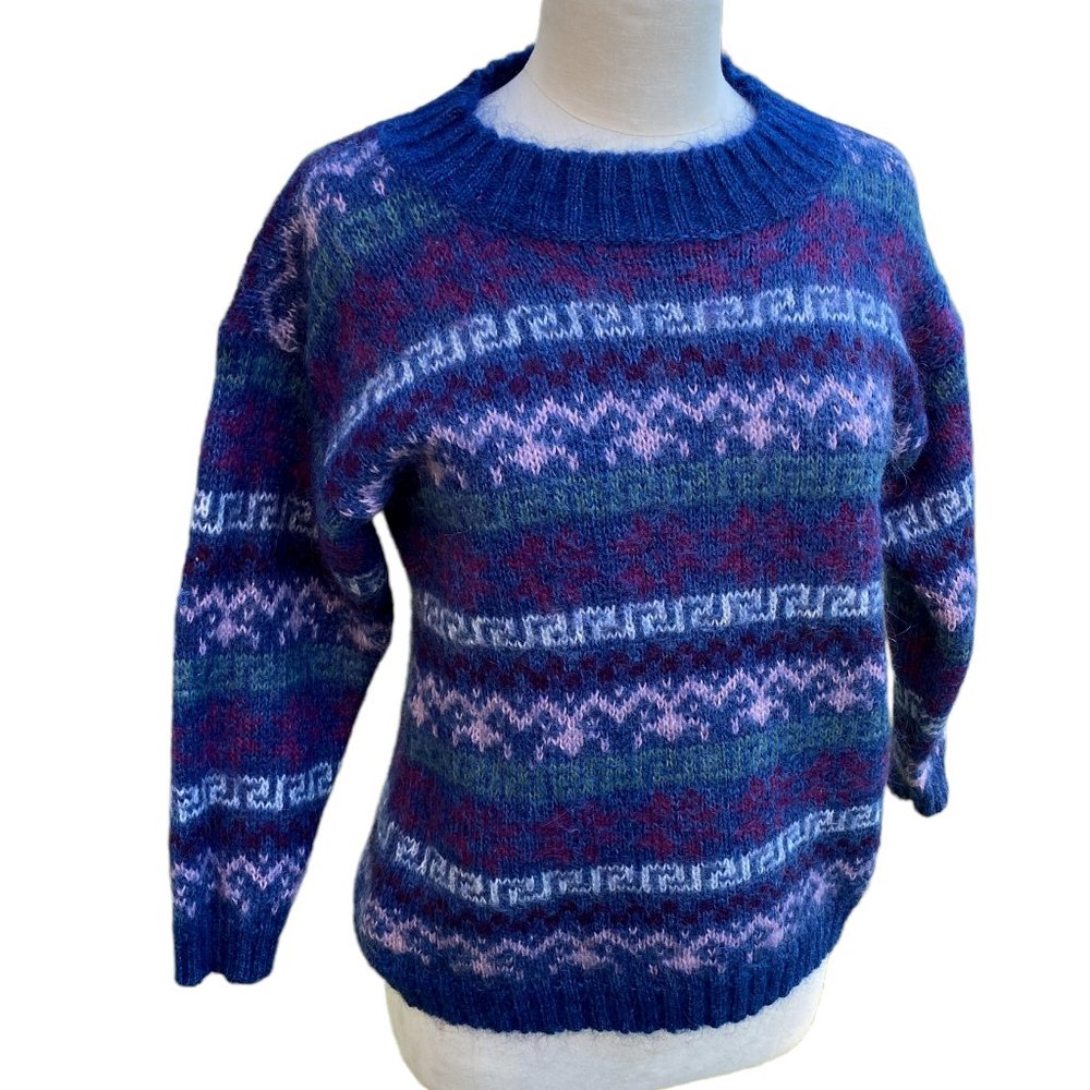 Vintage Braun Sport Mohair Fair Isle Sweater Blue Heritage Ski Scandi Girl-S